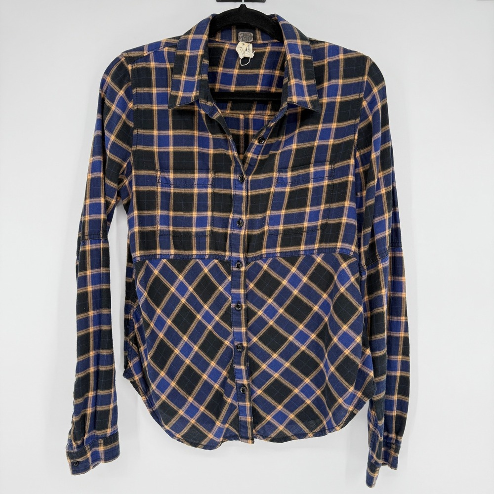 WE THE FREE Womens Plaid Flannel Shirt Blue Black Long Sleeve Button Up Size‎ S